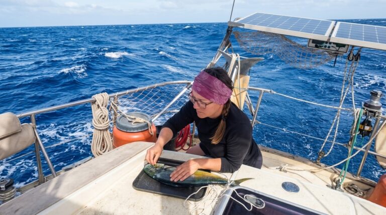 Woman filleting fish on the Atlantoc Ocean
