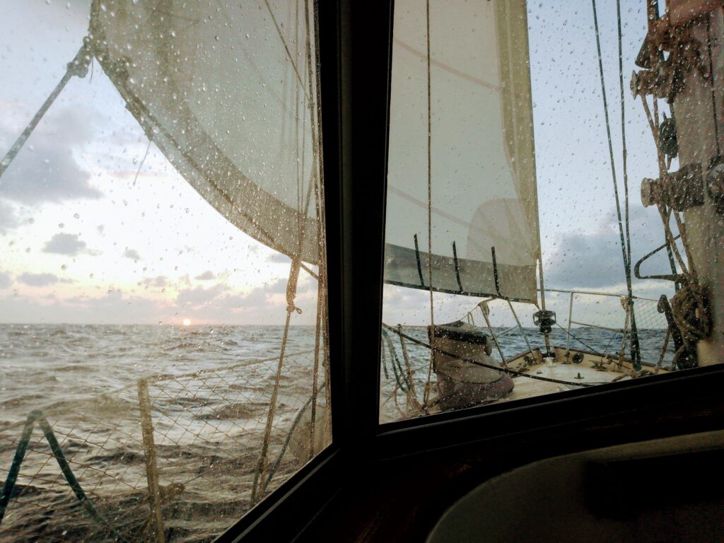 Our sailboat Mutiny crossing the Atlantic Ocean.