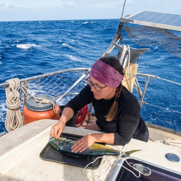 Lotte cleaning a freshly caught mahi-mahi on the deck of our sailboat during an Atlantic Ocean crossing.