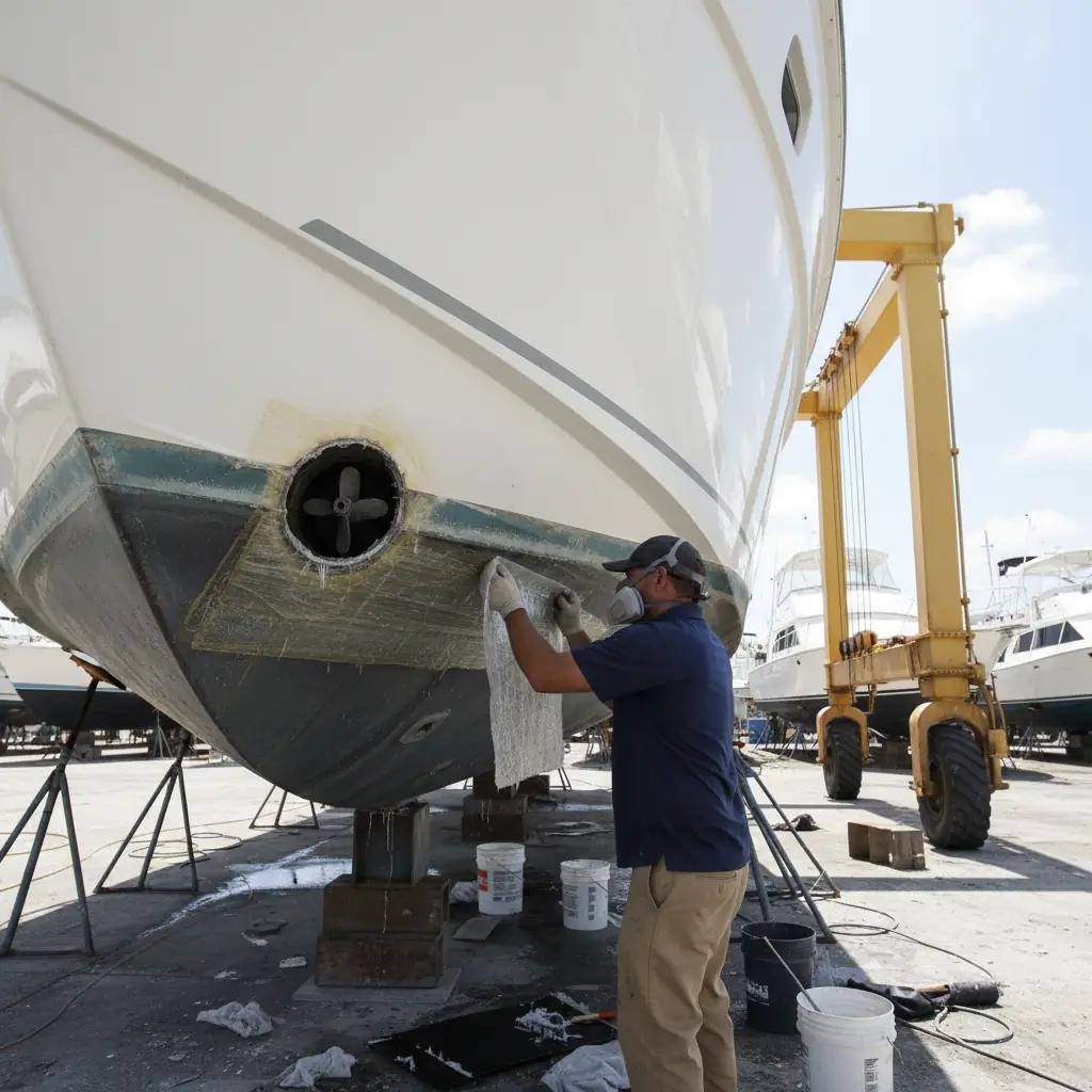 Fiberglass, composite technician repairing a yacht hull
