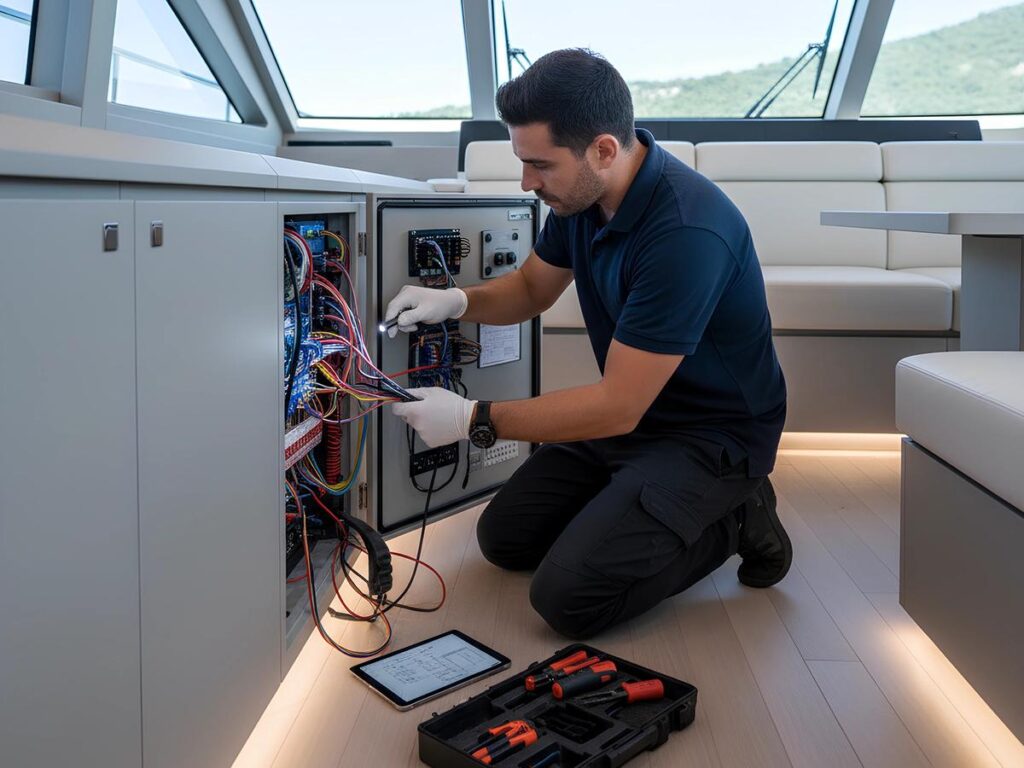 Marine electrician working on a yacht electrical system