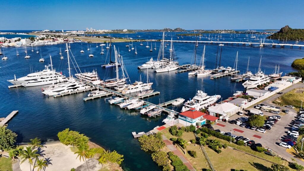 Superyachts and boats in a marina in St. Maarten