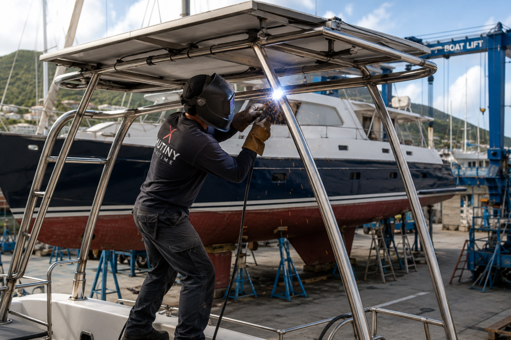 Welder fabricating a stainless steel solar arch on a yacht