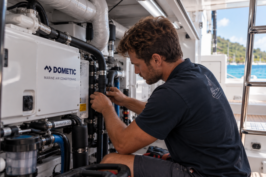 Marine HVAC technician servicing air conditioning system aboard a yacht