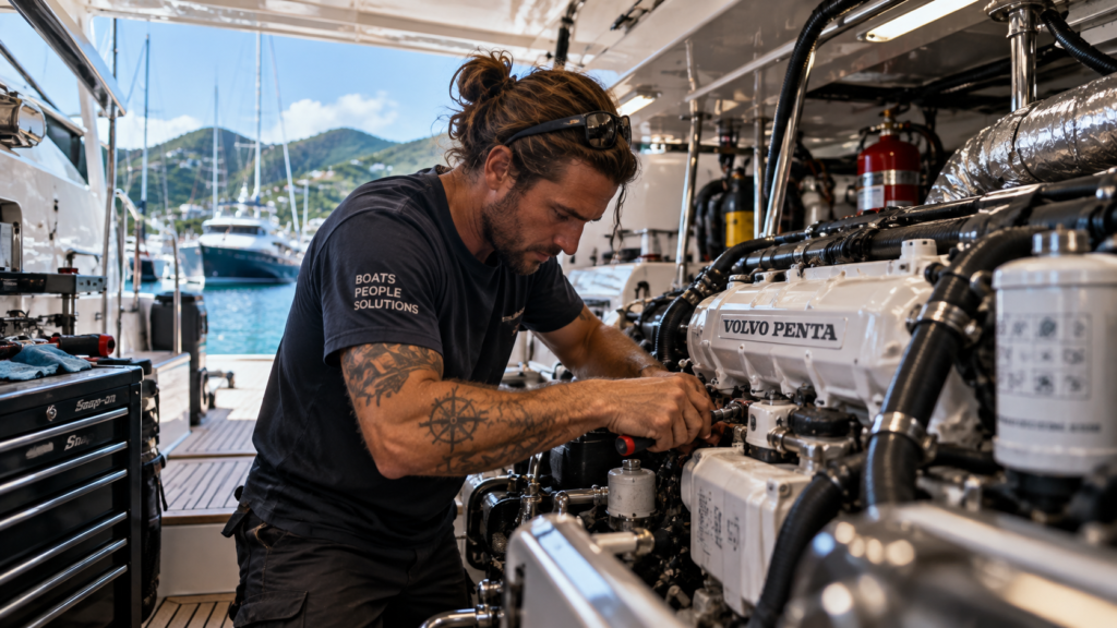 Marine diesel mechanic working on a Volvo Penta engine aboard a yacht