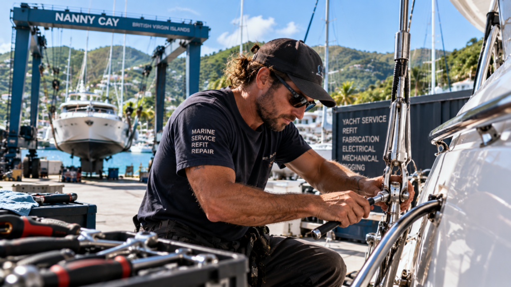 Marine technician repairing yacht rigging at a BVI boatyard in Nanny Cay.