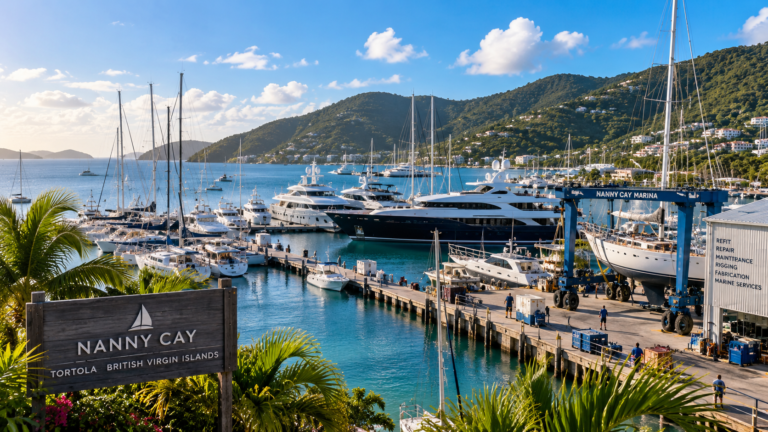 Nanny Cay Marina in Tortola, British Virgin Islands, with sailboats, luxury yachts, boatyard and marine service facilities surrounded by tropical hills.